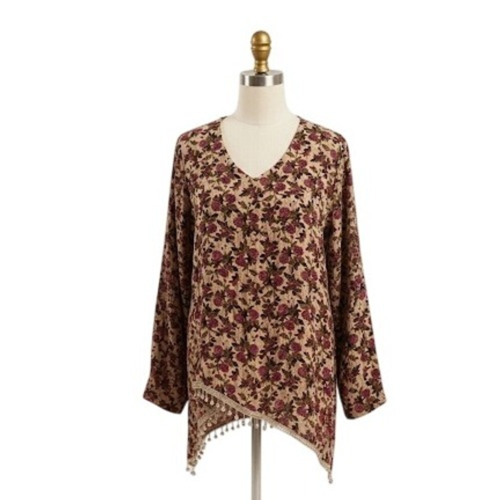 Vintage Floral Tunic Long‎ Sleeve V Neck Asymmetrical Hemline Beaded Boho Fairy